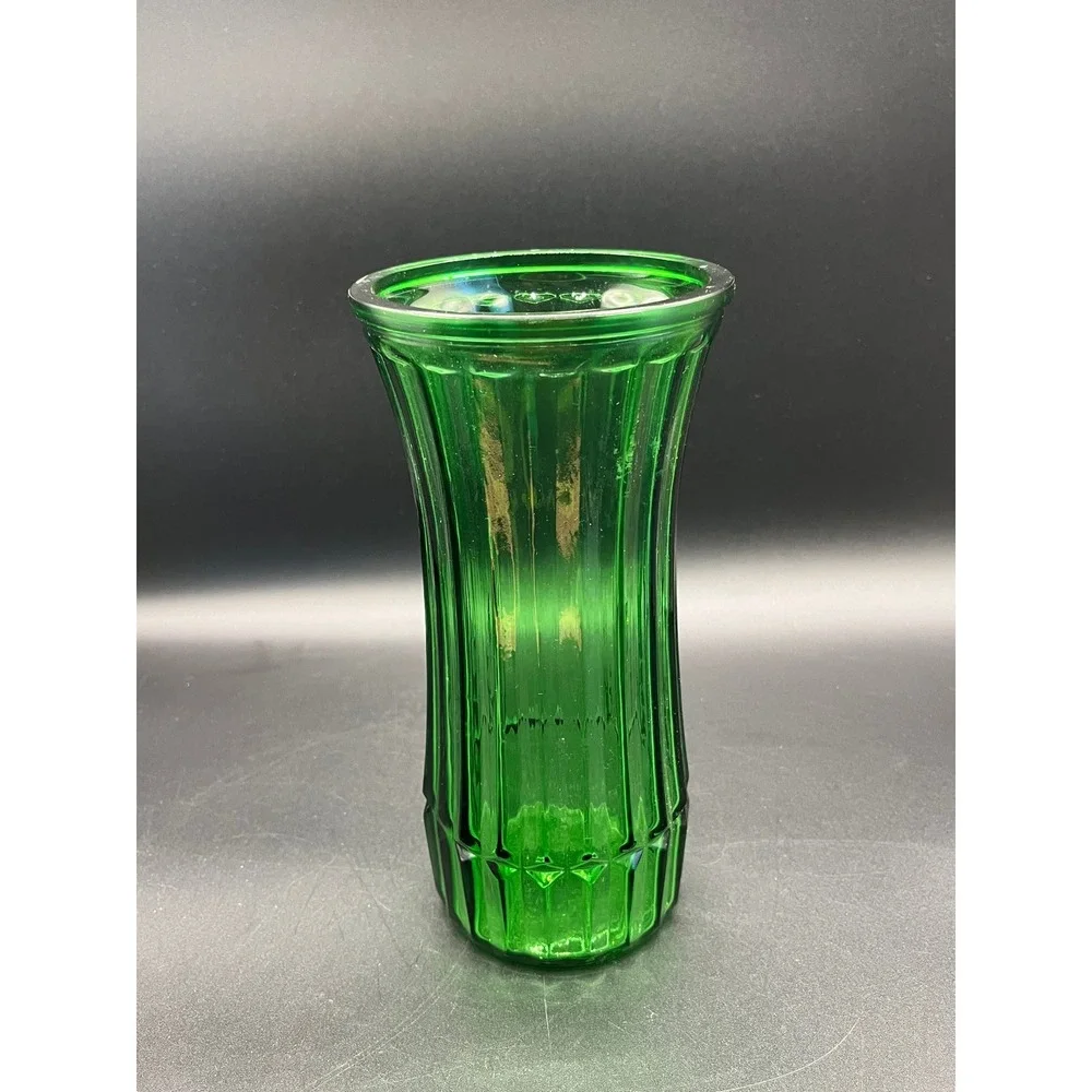 VTG‎ Green Hoosier Ribbed Glass Flower Floral Arrangement Vase 8.5